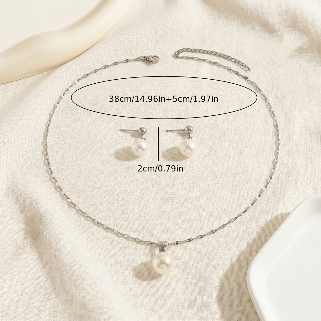 2pc Faux Pearl Necklace & Stud Earrings Set, Elegant Style